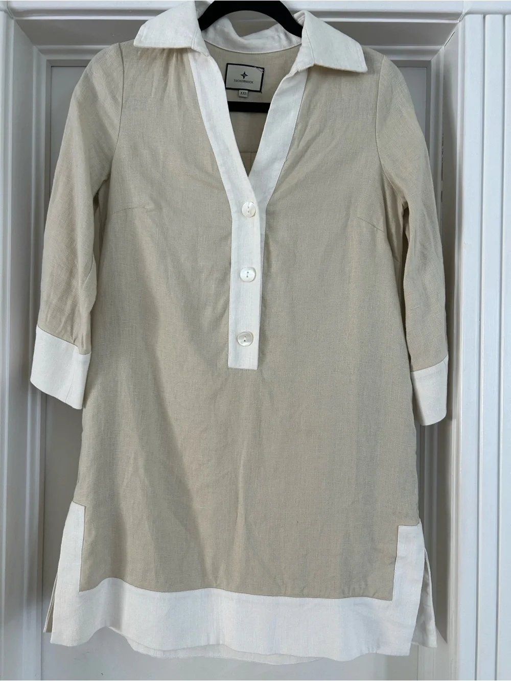 Tuckernuck Collier 100% Linen Colorblock Tunic Dress Champagne XXS